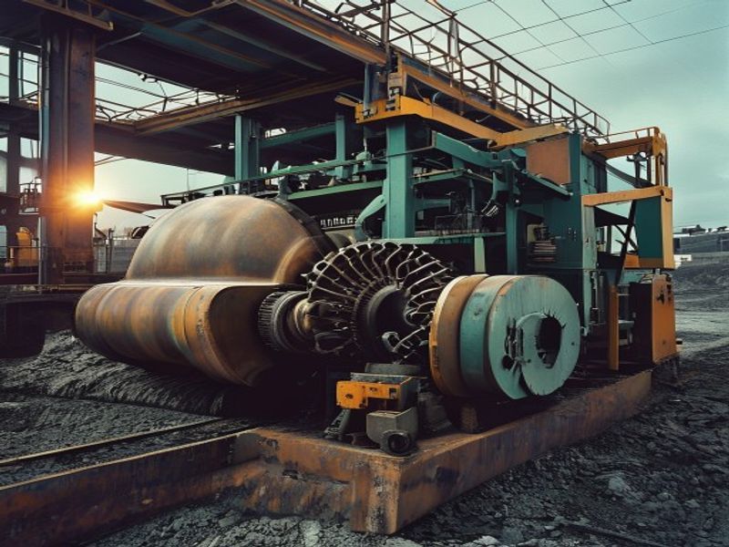 Fotografía realista industrial de un operario de mantenimiento inspeccionando un enorme motor eléctrico de rotor bobinado. El motor está acoplado a la polea motriz de una gigantesca cinta transportadora en una mina a cielo abierto, cargada con toneladas de mineral. La atmósfera es polvorienta y la iluminación es dura, resaltando la robustez y el tamaño masivo de la maquinaria. El motor tiene una caja de bornes visible para los anillos rozantes.