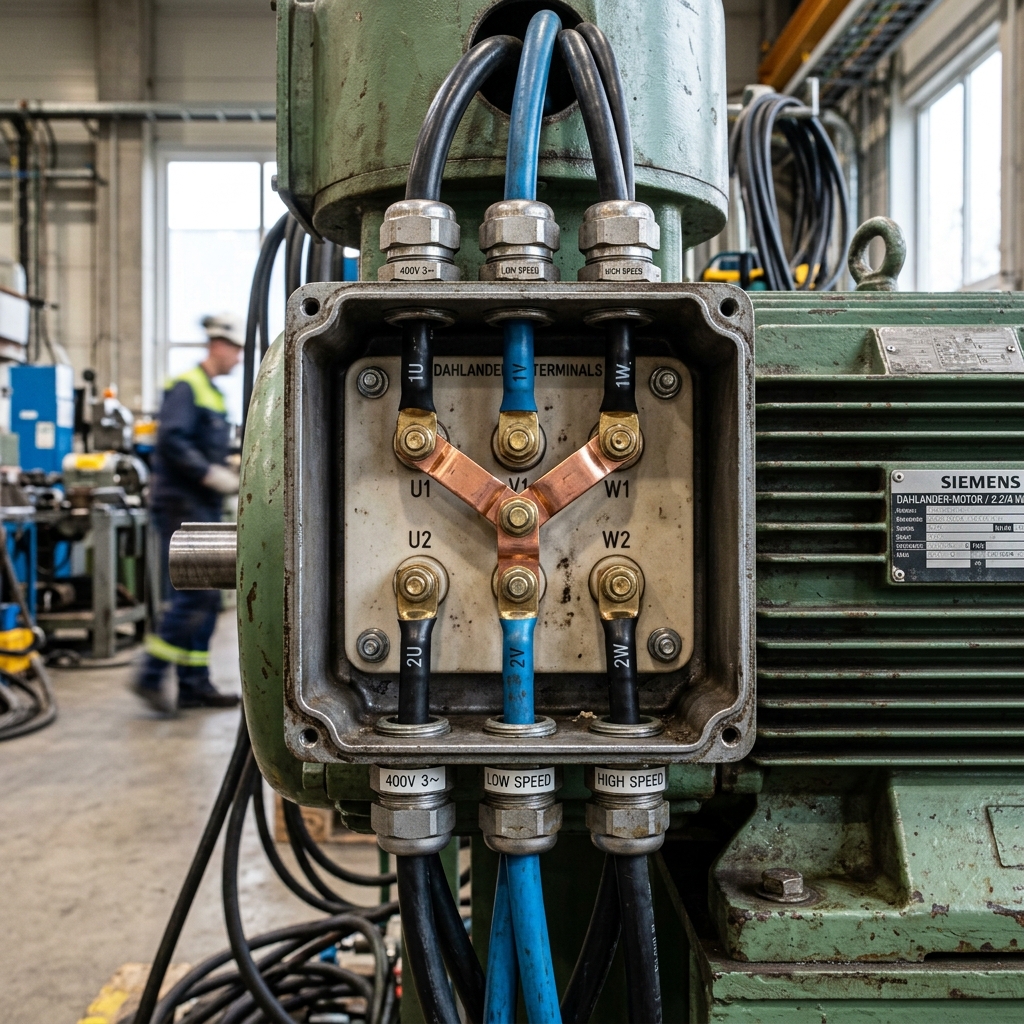 Fotografía realista industrial de un técnico electromecánico experto realizando la conmutación de velocidad en un motor Dahlander. El enfoque está en sus manos, que usan un destornillador de precisión en la caja de bornes abierta del motor, donde se ven claramente los 6 terminales de potencia y los puentes de conexión. El entorno es un taller industrial con luz cenital, creando reflejos en la carcasa metálica del motor y en las herramientas. La imagen debe transmitir pericia, precisión y el entorno robusto de la maquinaria industrial.
