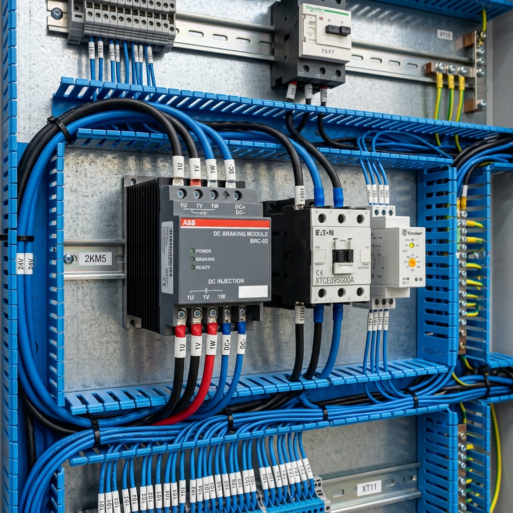 Fotografía realista de un técnico de mantenimiento industrial trabajando en un cuadro eléctrico abierto. El foco está en un módulo de frenado por inyección de corriente continua, con sus disipadores de calor visibles. Alrededor del módulo se aprecian contactores, relés y cableado denso. En el fondo desenfocado se ve un motor trifásico acoplado a una gran máquina como una sierra circular industrial. Iluminación de fábrica, detalles nítidos.