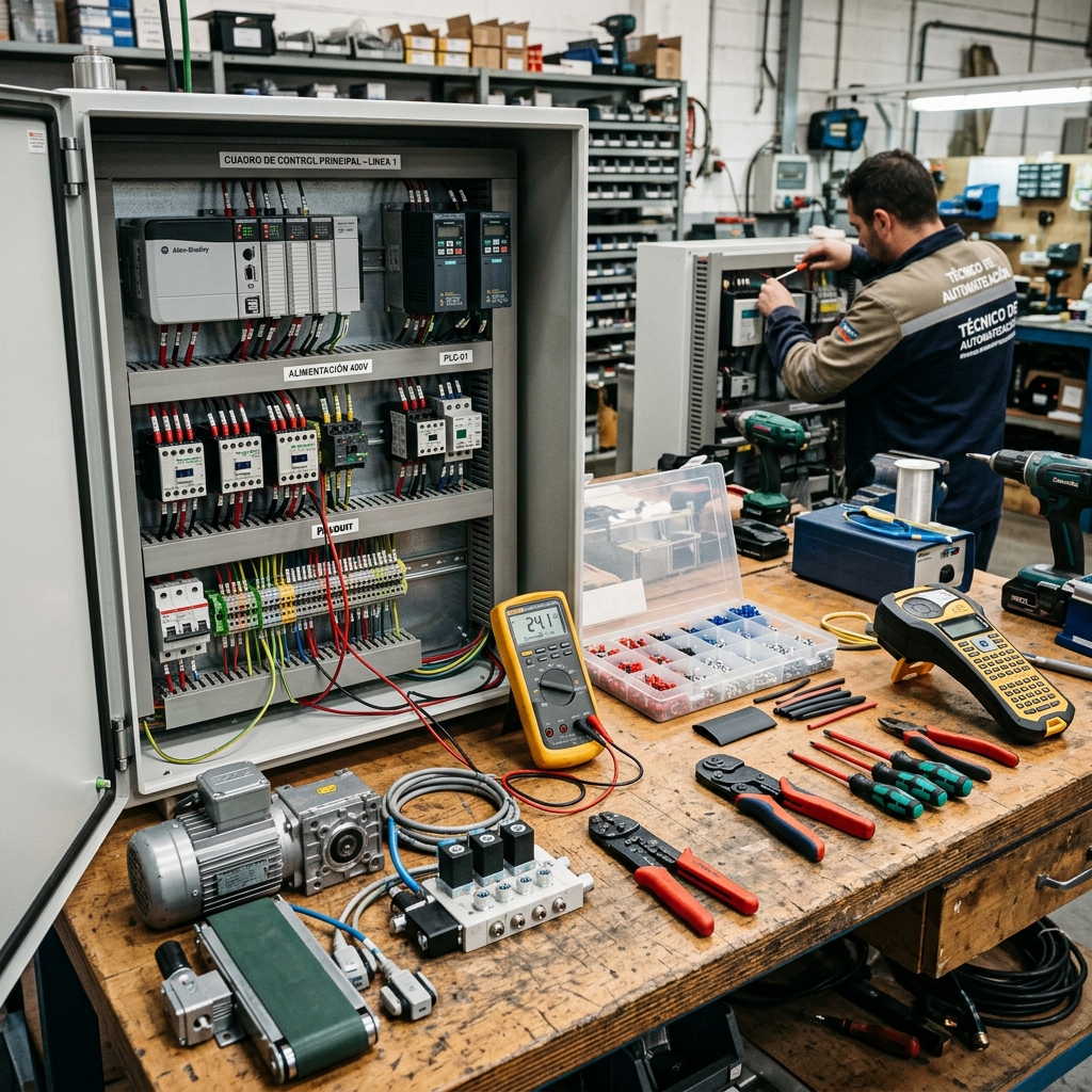 Fotografía realista de un técnico de automatización industrial monitorizando un panel de control HMI en una fábrica. En primer plano, las manos del técnico sobre la pantalla táctil que muestra gráficos de consigna y variables de proceso. Al fondo, desenfocada pero visible, la parte operativa de la instalación: una máquina robusta con actuadores neumáticos y motores. Iluminación industrial, ambiente de trabajo limpio y tecnológico, con reflejos en las superficies metálicas.