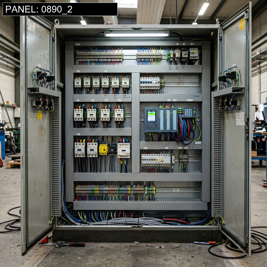 Fotografía realista industrial de un técnico electricista consultando un plano esquemático impreso mientras realiza el montaje de un cuadro eléctrico de control. En el interior del cuadro se aprecian componentes reales como un PLC, contactores, relés térmicos y clemas de conexión con cableado ordenado. Iluminación de taller brillante y enfocada en el detalle técnico de la instalación.