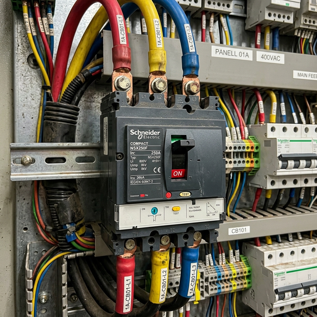 Esquema técnico detallado de un cuadro eléctrico de control industrial según norma IEC 61439, mostrando la separación entre circuitos de potencia y mando, PLC en carril DIN, aparamenta diversa como MCBs y RCDs, y canaletas ranuradas. Estilo plano CAD, líneas claras, fondo blanco.