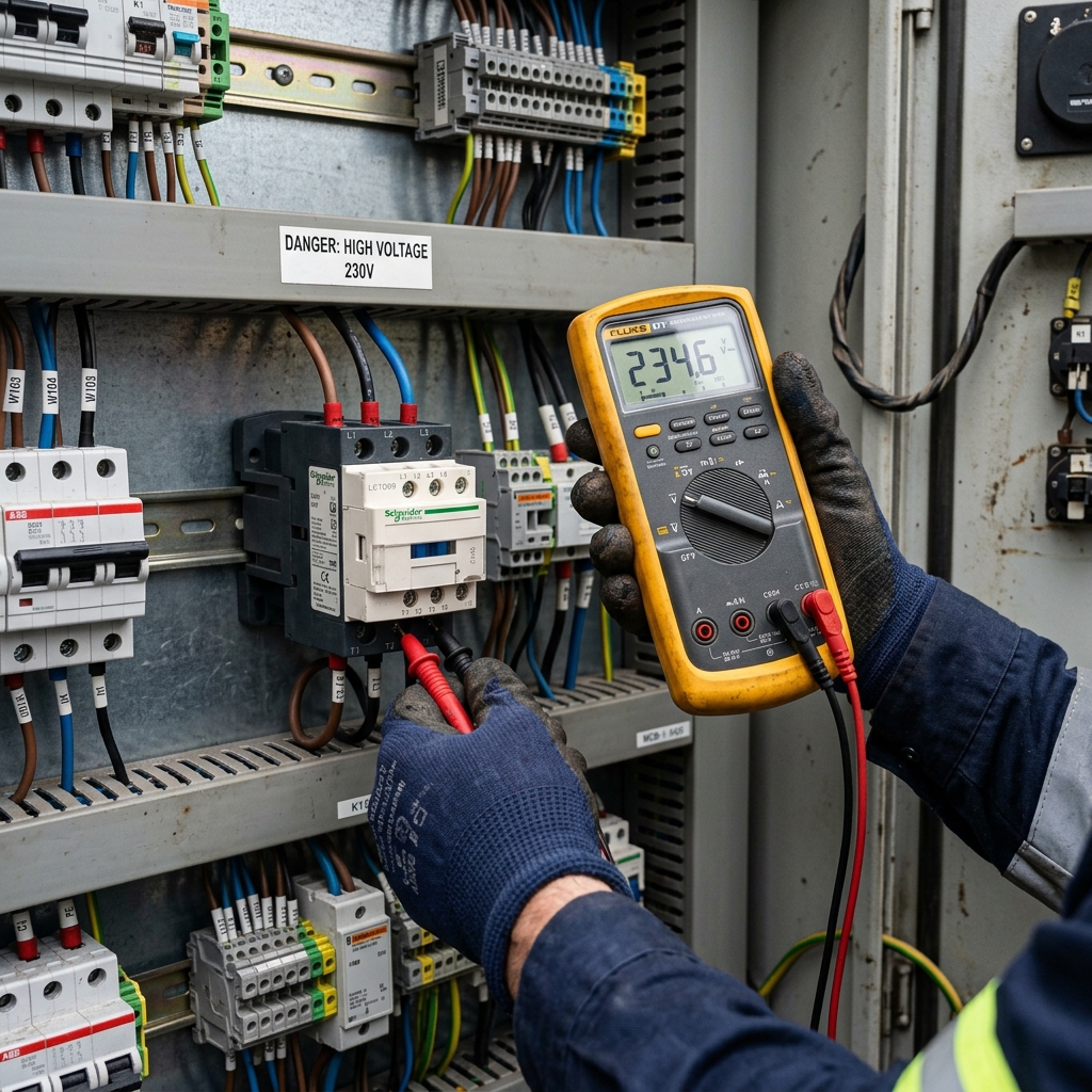 Fotografía realista de un técnico electricista montando un cuadro de control industrial. El armario está abierto, mostrando un PLC, relés y magnetotérmicos en carriles DIN. Iluminación de taller nítida, enfocando el cableado y las etiquetas de los componentes, hiperrealista.