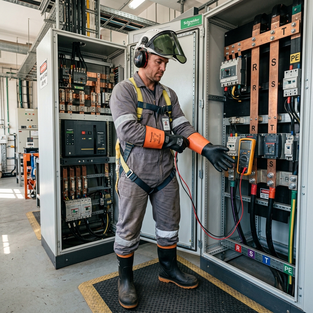 Operario equipado con EPIs dieléctricos realizando mediciones TRMS en bornas de fuerza del cuadro