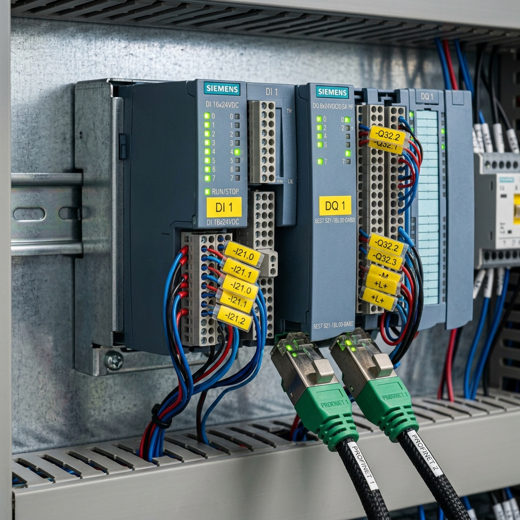 Fotorrealismo de autómata programable Siemens S7-1200 en carril DIN de taller
