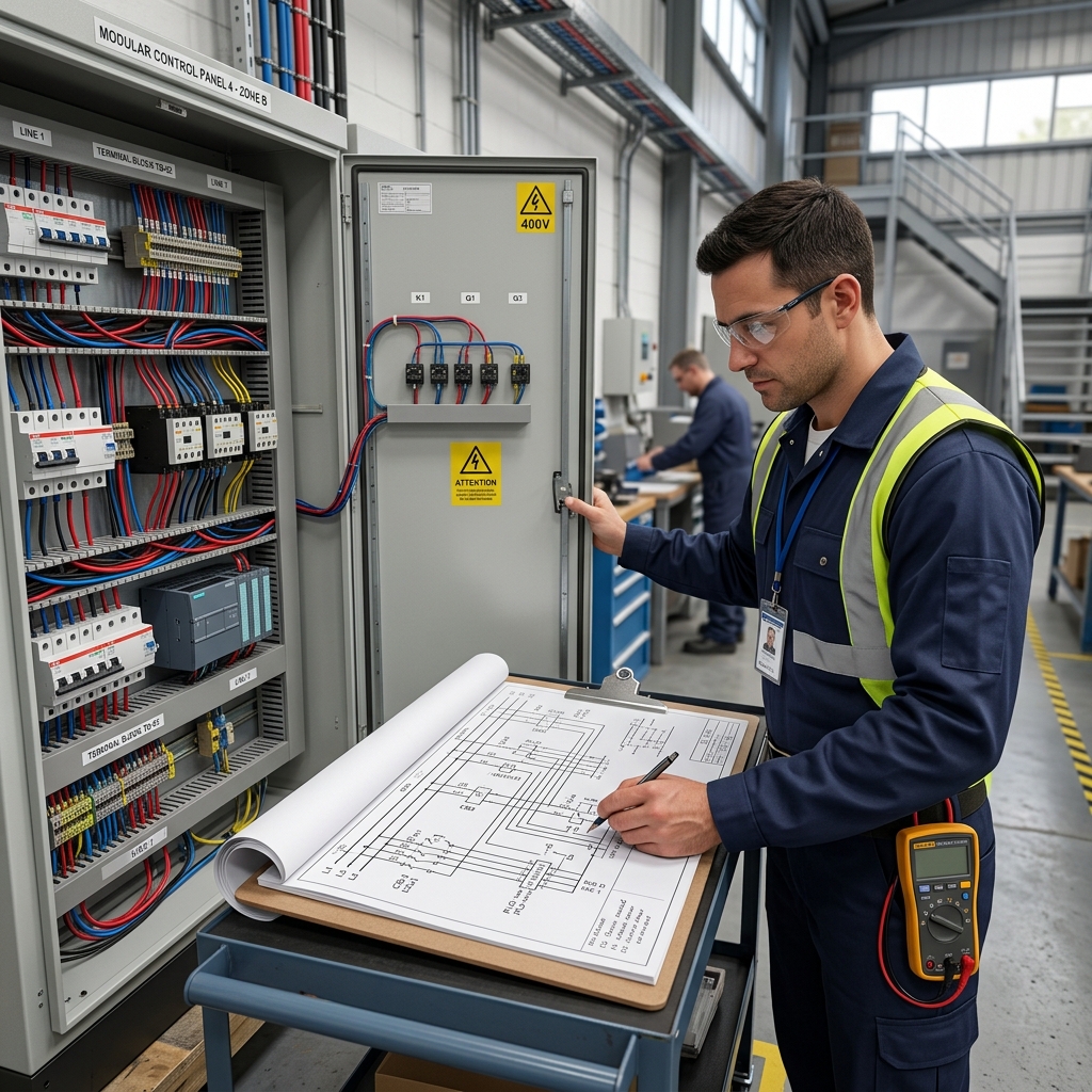 Render 3D realista de un técnico cualificado analizando el plano de conexiones eléctricas impreso junto al armario modular