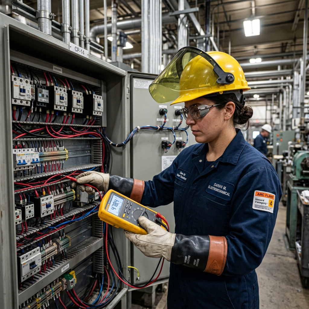 Técnico electromecánico provisto de los correspondientes EPIs midiendo tensión True-RMS bajo carga en el armario de control