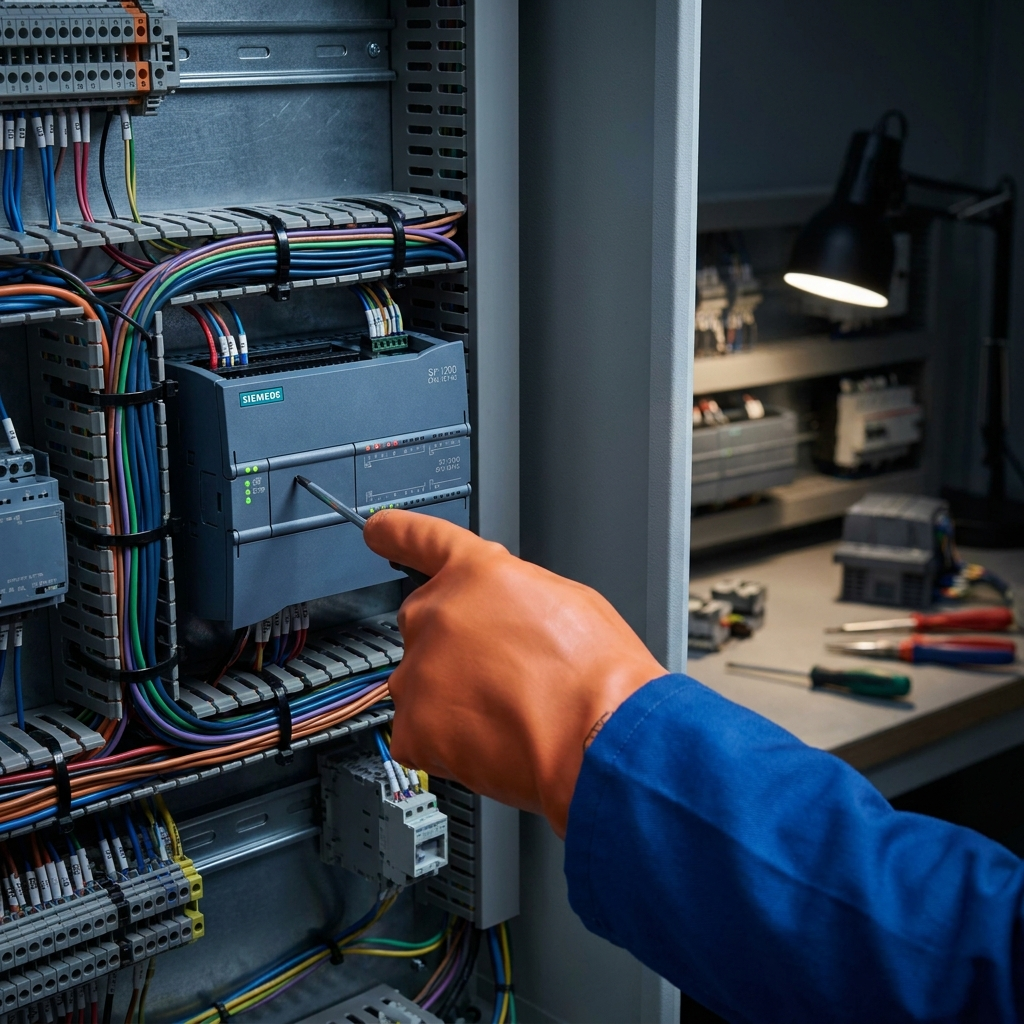 Técnico cualificado analizando los leds de error y estado SF/BF de una CPU modular de PLC Siemens S7-1200.