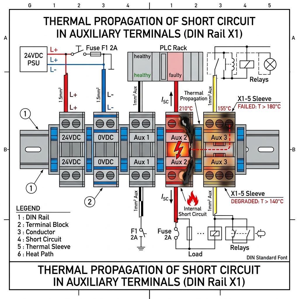 Plano técnico vectorial de la propagación térmica de cortocircuitos en bornes auxiliares con manguito indicador.
