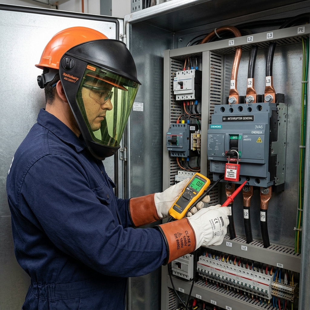Operario equipado con pantalla facial contra arco eléctrico y guantes dieléctricos verificando ausencia de tensión