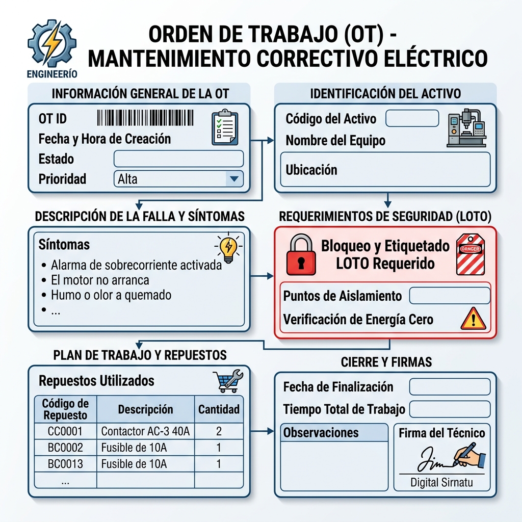 Estructura normalizada de una orden de trabajo (OT) digitalizada para operaciones de mantenimiento.