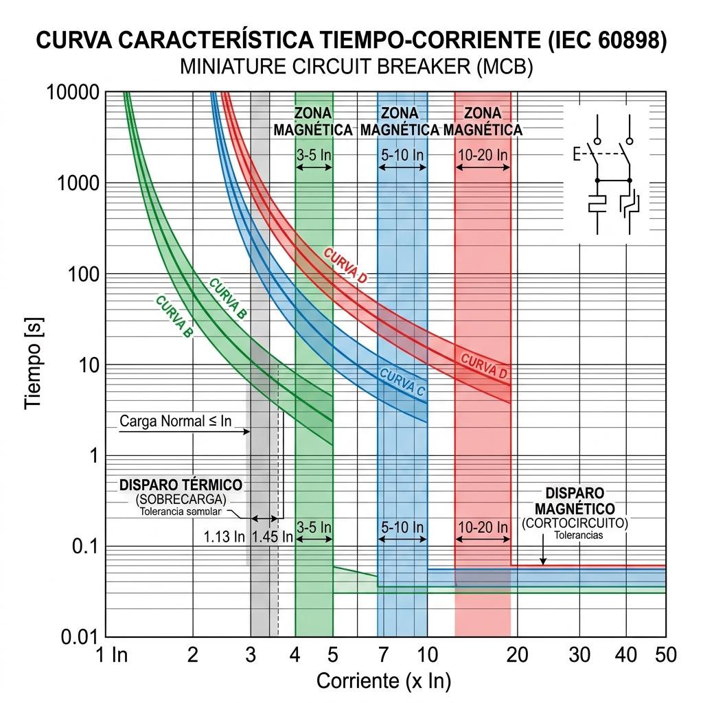 Curva característica tiempo-corriente de una protección magnetotérmica frente a cortocircuitos e intensidades de sobrecarga.