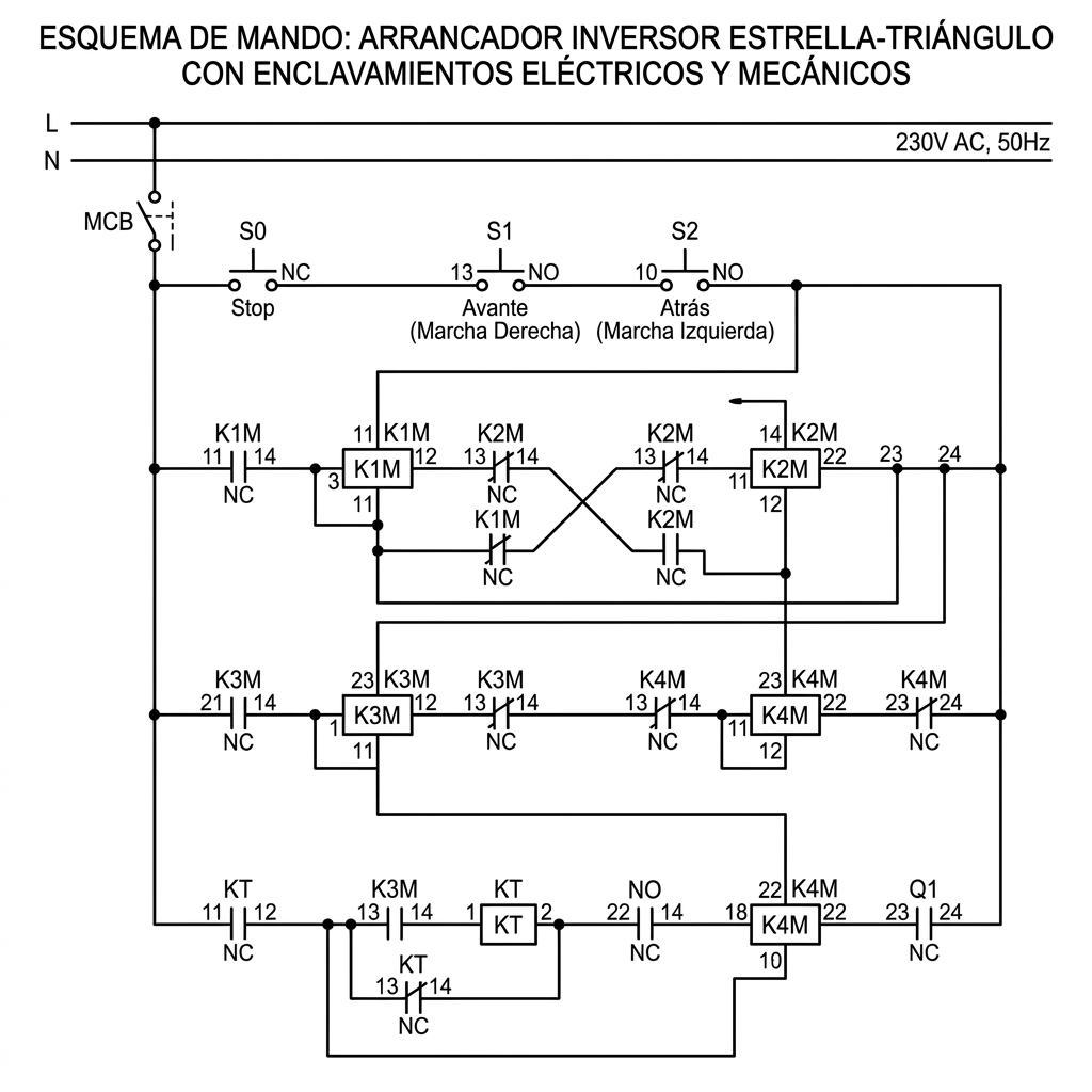 Esquema de control de un arrancador inversor, detallando los enclavamientos cruzados para evitar cortocircuitos.