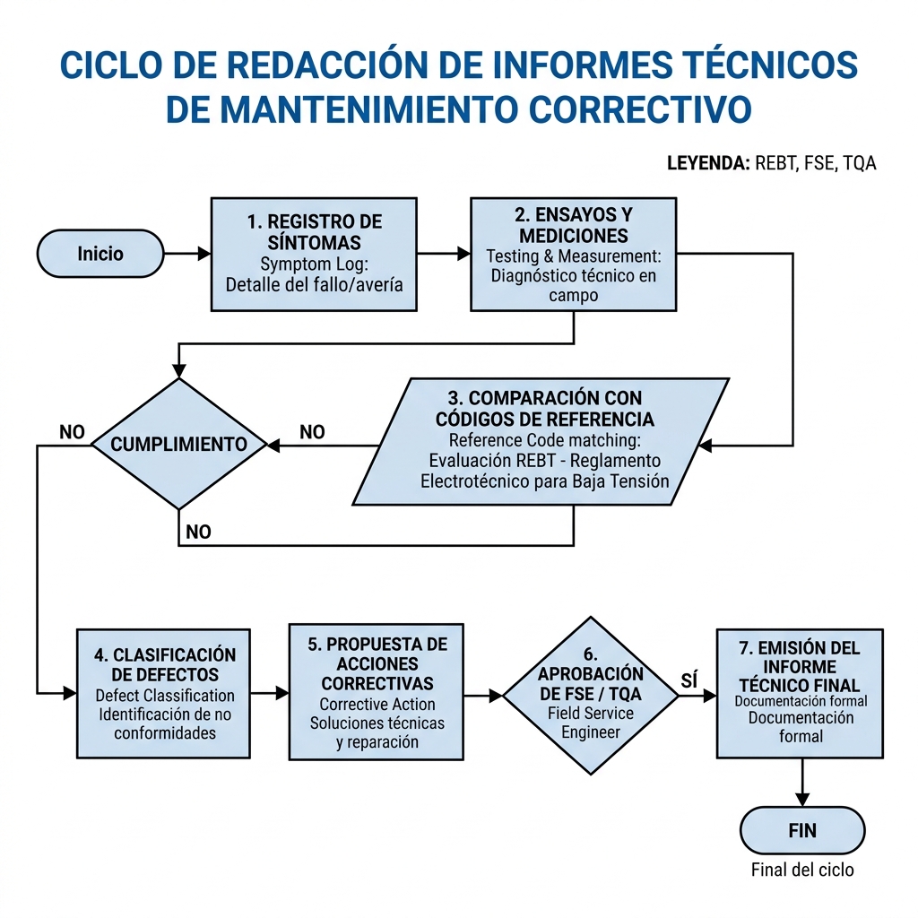 Diagrama de flujo del ciclo de redacción del informe de mantenimiento y validación reglamentaria.