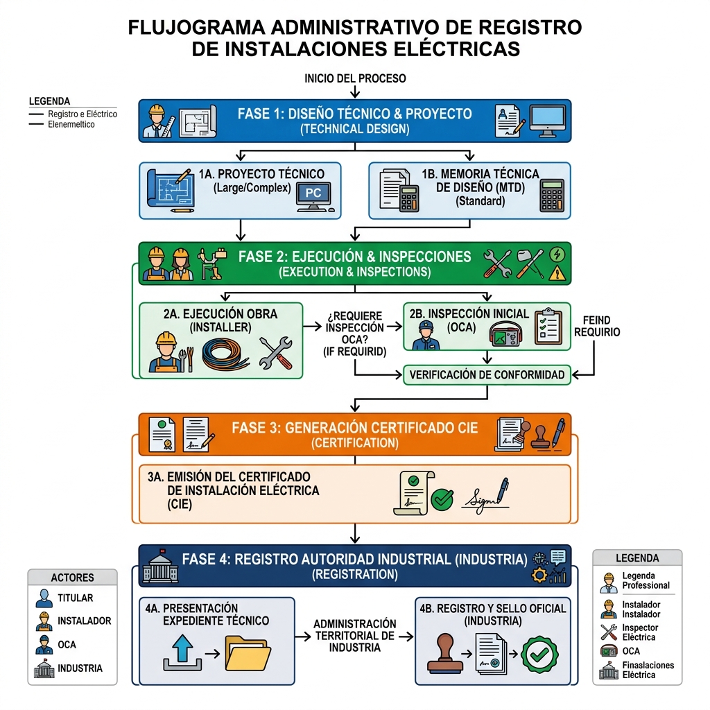 Flujograma administrativo para la tramitación de expedientes eléctricos y registro ante la Delegación de Industria.