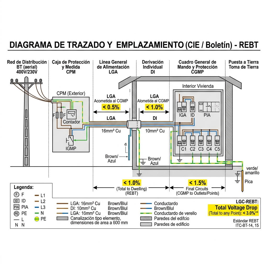 Esquema de distribución y croquis de trazado para la justificación de caídas de tensión en el Certificado de Instalación Eléctrica (CIE).