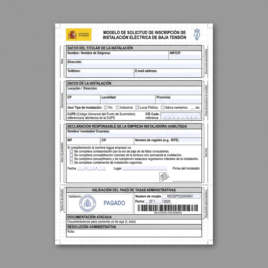 Modelo digitalizado de solicitud para el registro administrativo ante la Delegación de Industria.
