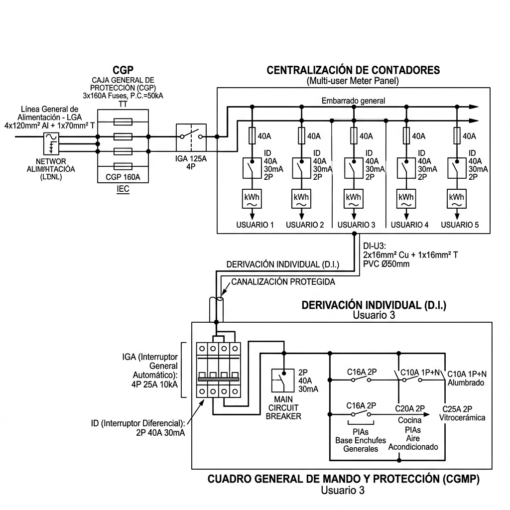 Esquema unifilar de centralización de contadores y derivación individual.