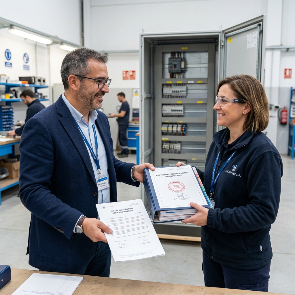 Representación de la entrega de documentación técnica visada y firma del acta de recepción de obra en el taller.