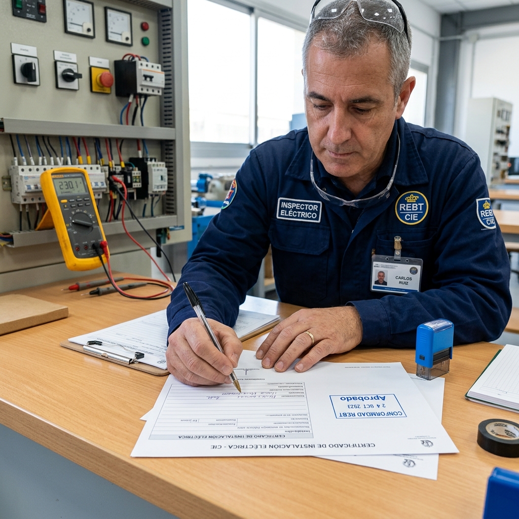 Técnico de inspección cumplimentando el Certificado de Instalación Eléctrica bajo la normativa vigente del REBT.