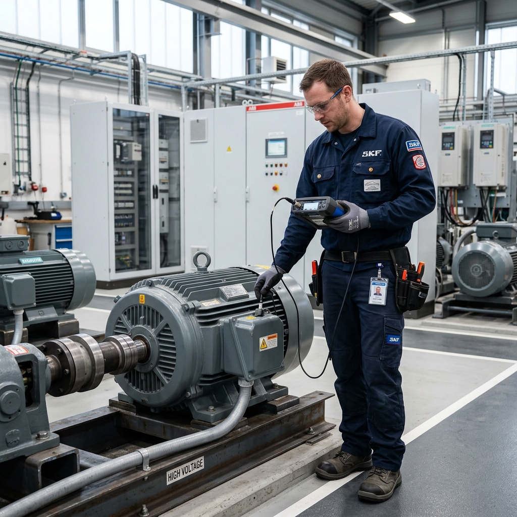 Técnico industrial con equipo de protección auditiva y gafas analizando vibraciones en un motor eléctrico de alta potencia.