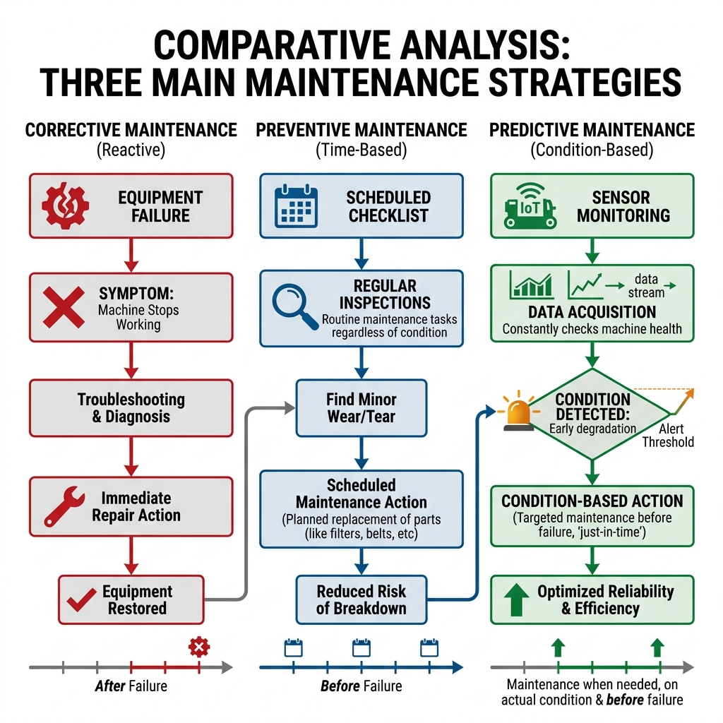 Diagrama de flujo técnico comparando las respuestas ante averías según la forma de mantenimiento: correctiva, preventiva y predictiva.
