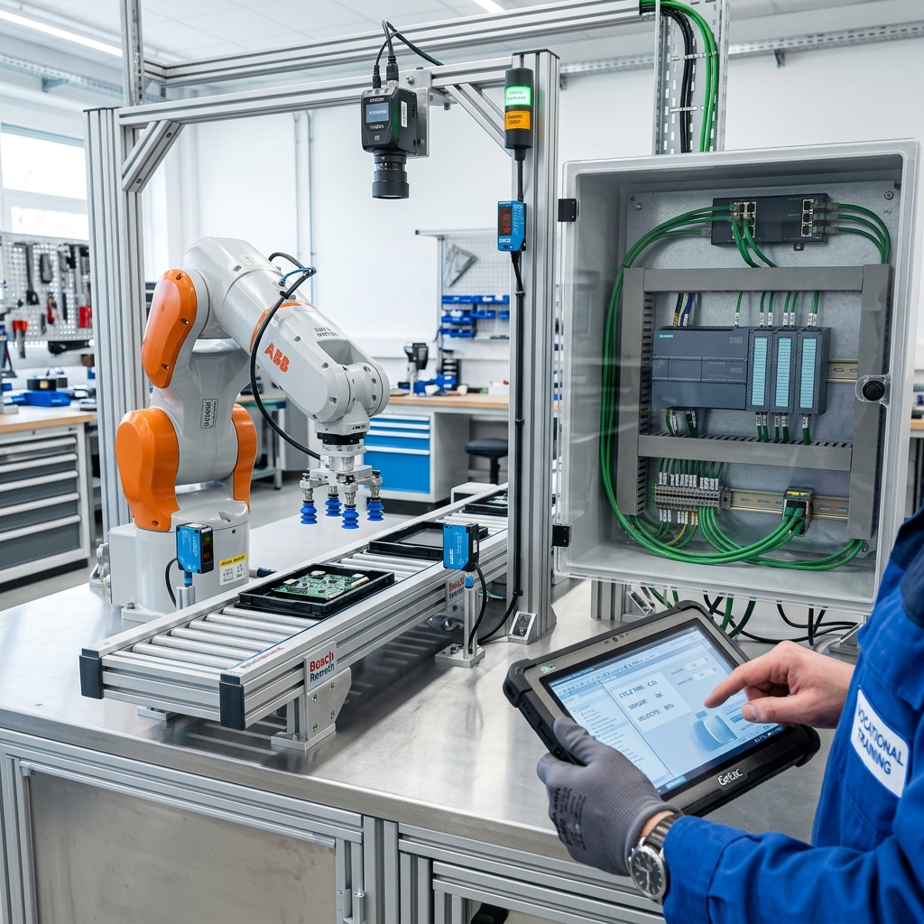 Línea de ensamblaje industrial automatizada moderna en un entorno de Industria 4.0, mostrando un brazo robótico, sensores inteligentes y un técnico con una tableta.
