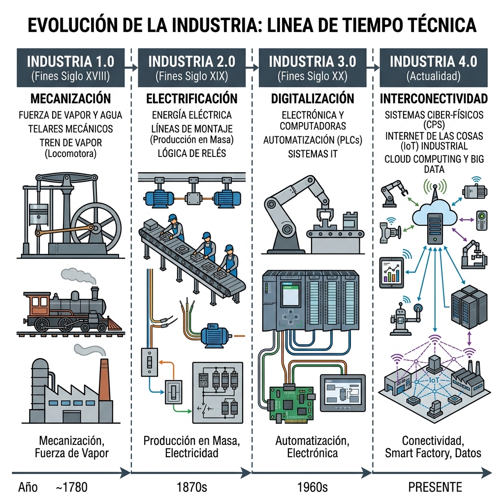 Diagrama vectorial de línea de tiempo horizontal que ilustra las cuatro revoluciones industriales, desde la máquina de vapor hasta el IoT.