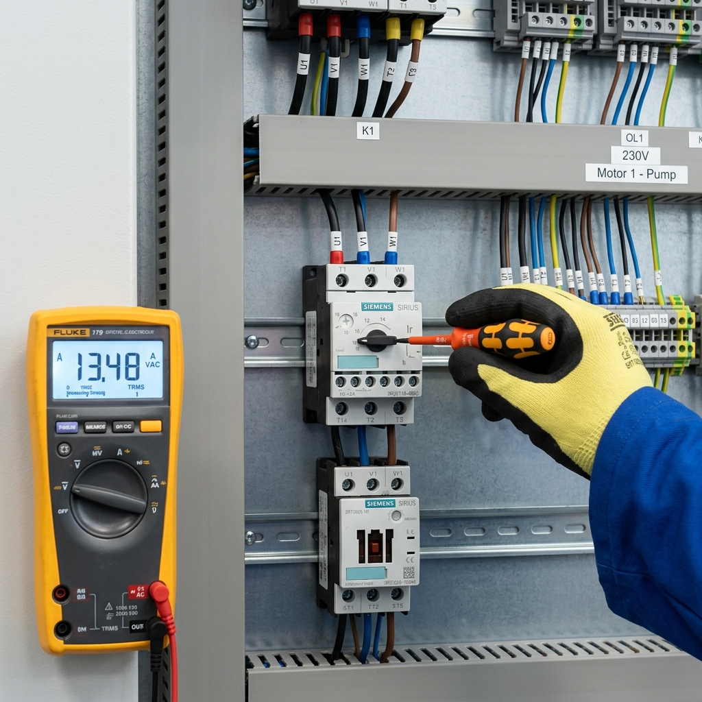 Técnico utilizando un destornillador aislado pequeño para girar cuidadosamente el dial de ajuste de corriente de un relé térmico en un cuadro eléctrico.