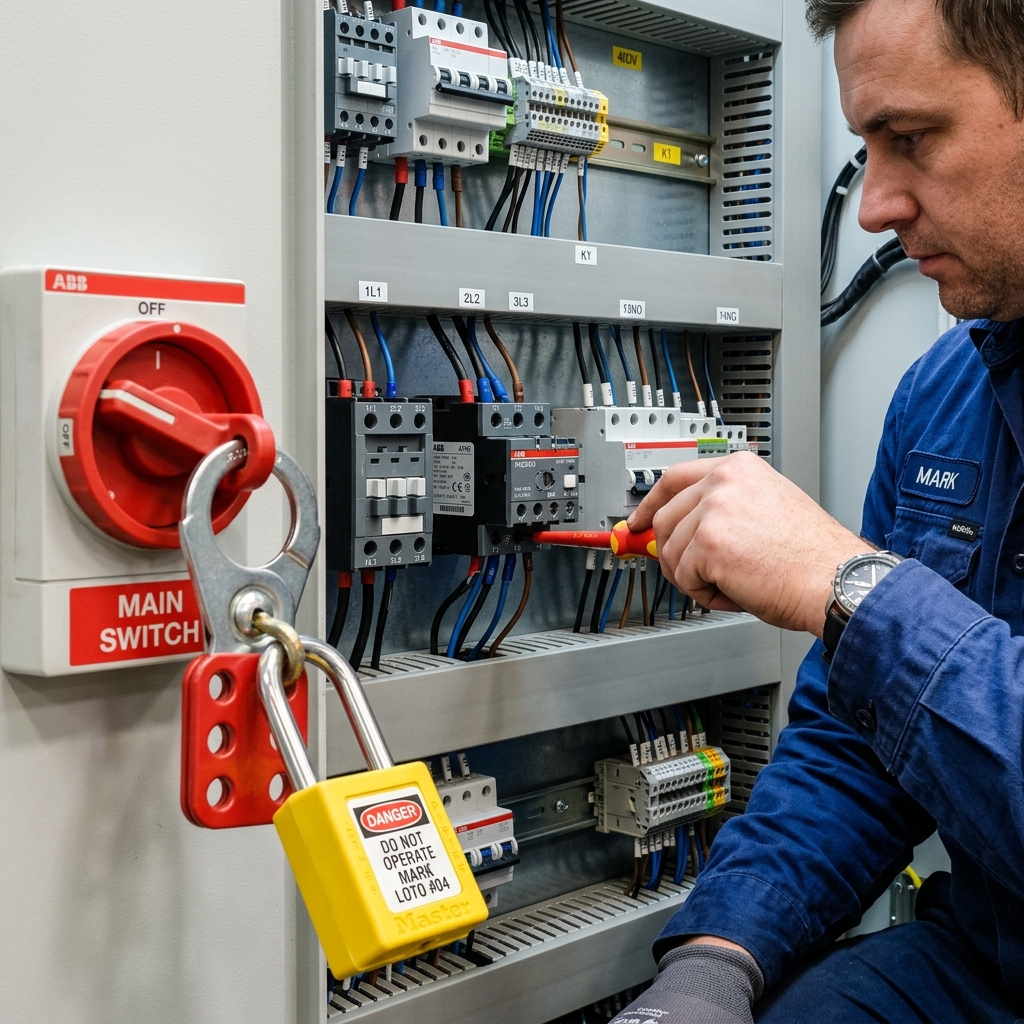 Fotografía nítida y profesional de un operario reparando un contactor y un relé térmico en un armario eléctrico, con un candado LOTO amarillo de seguridad visible.