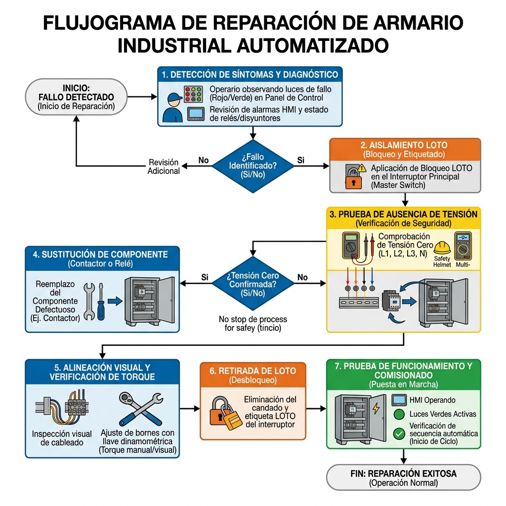Diagrama vectorial de flujo de resolución de problemas técnicos, ilustrando el ciclo completo de reparación desde el síntoma hasta el test de puesta en marcha.