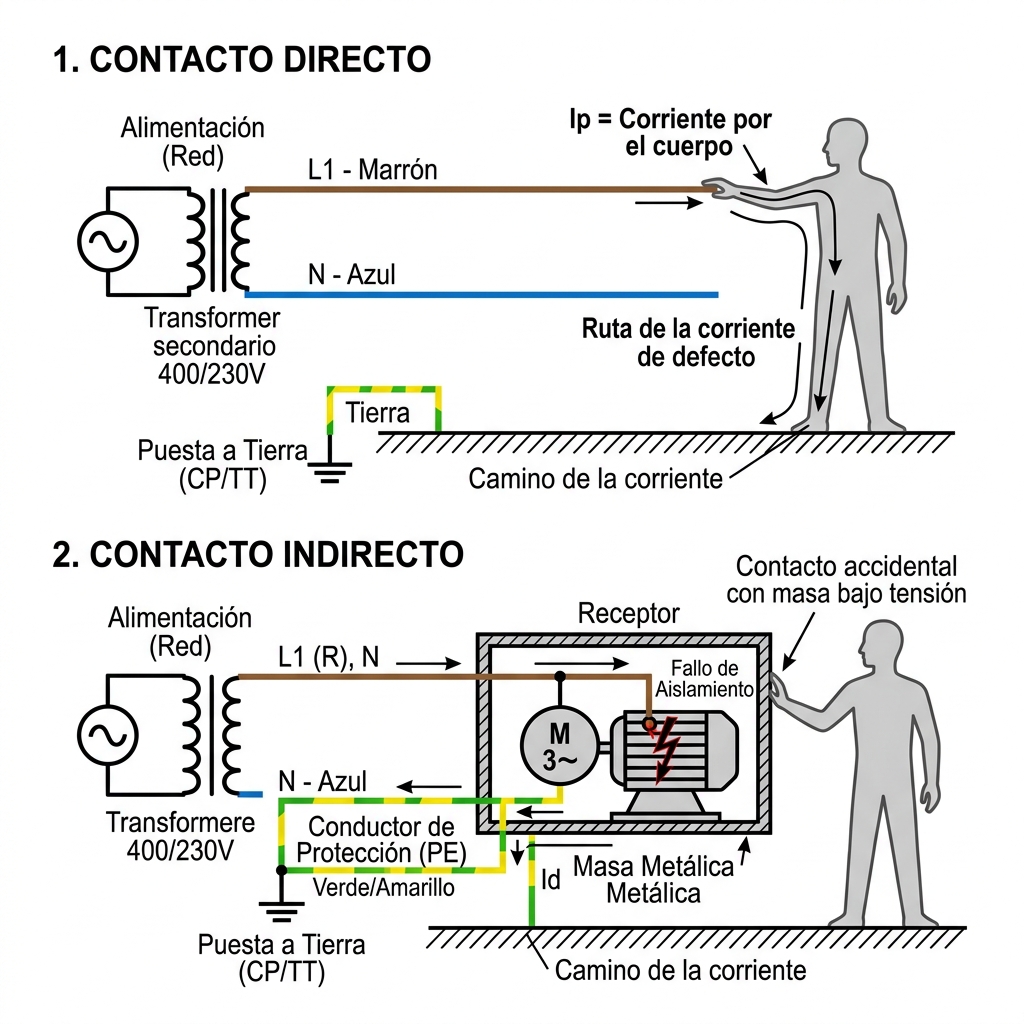 Esquema de riesgos eléctricos en baja tensión: contacto directo sobre conductor activo frente a contacto indirecto sobre masa metálica bajo fallo de aislamiento.