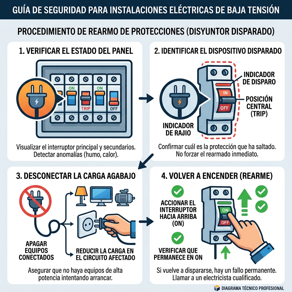 Diagrama operativo de pautas de seguridad para el rearme secuencial de interruptores magnetotérmicos en cuadros generales.