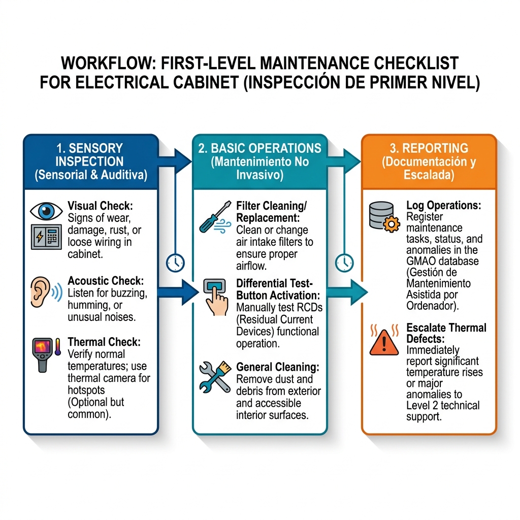 Flujograma procedimental de las operaciones de inspección y conservación sistemática de primer nivel en armarios de control.