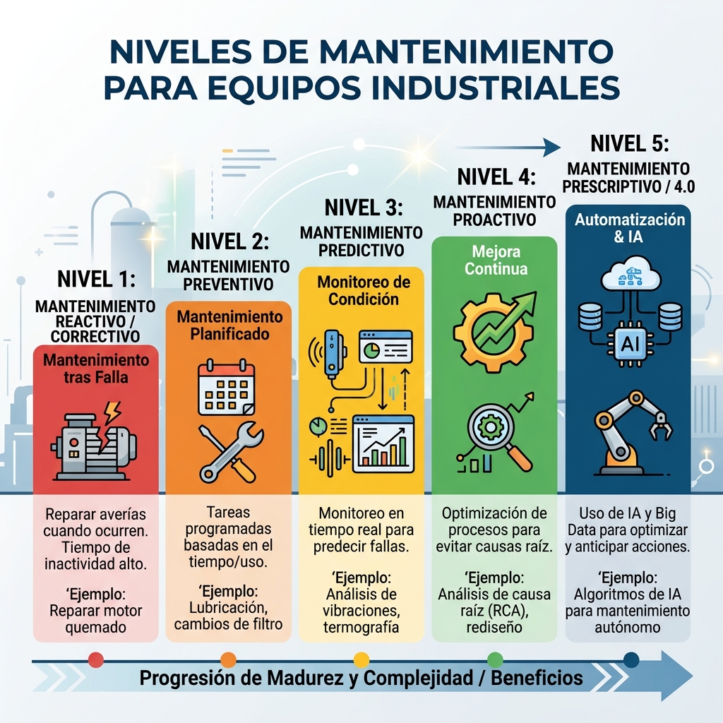 Diagrama técnico que detalla la pirámide y organigrama funcional de los 5 niveles de mantenimiento electromecánico.