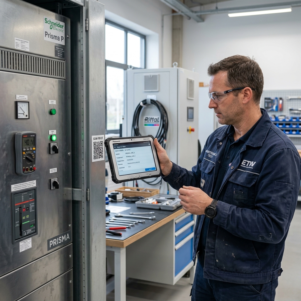 Técnico de mantenimiento industrial con gafas de seguridad escaneando un código QR en un cuadro eléctrico Prisma usando una tablet resistente.