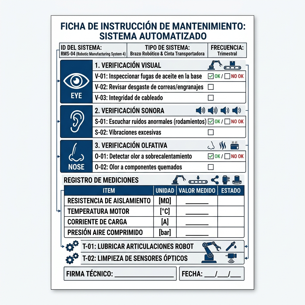 Diagrama esquemático de ingeniería técnica de una ficha de instrucción estandarizada (checklist) de mantenimiento.