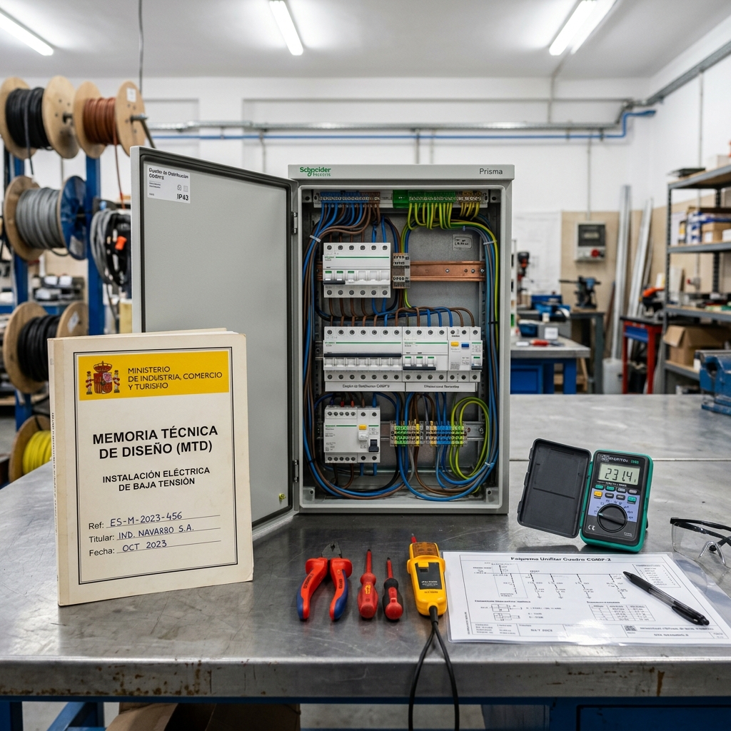 Técnico electromecánico revisando un formulario MTD sobre una mesa de trabajo metálica junto a un cuadro eléctrico, herramientas aisladas y un multímetro digital.