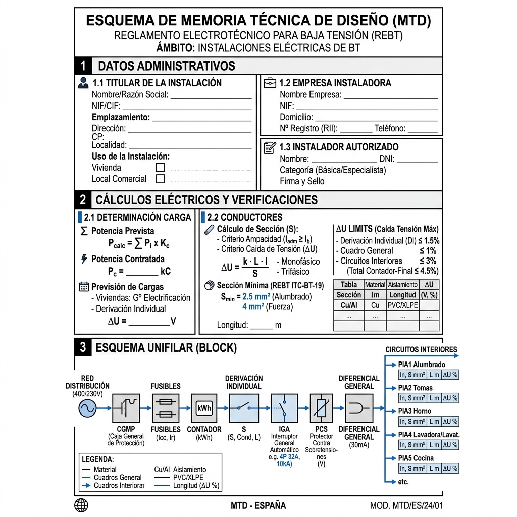 Diagrama vectorial de un formulario estándar de Memoria Técnica de Diseño (MTD) con sus secciones administrativas, de cálculo y esquemas.