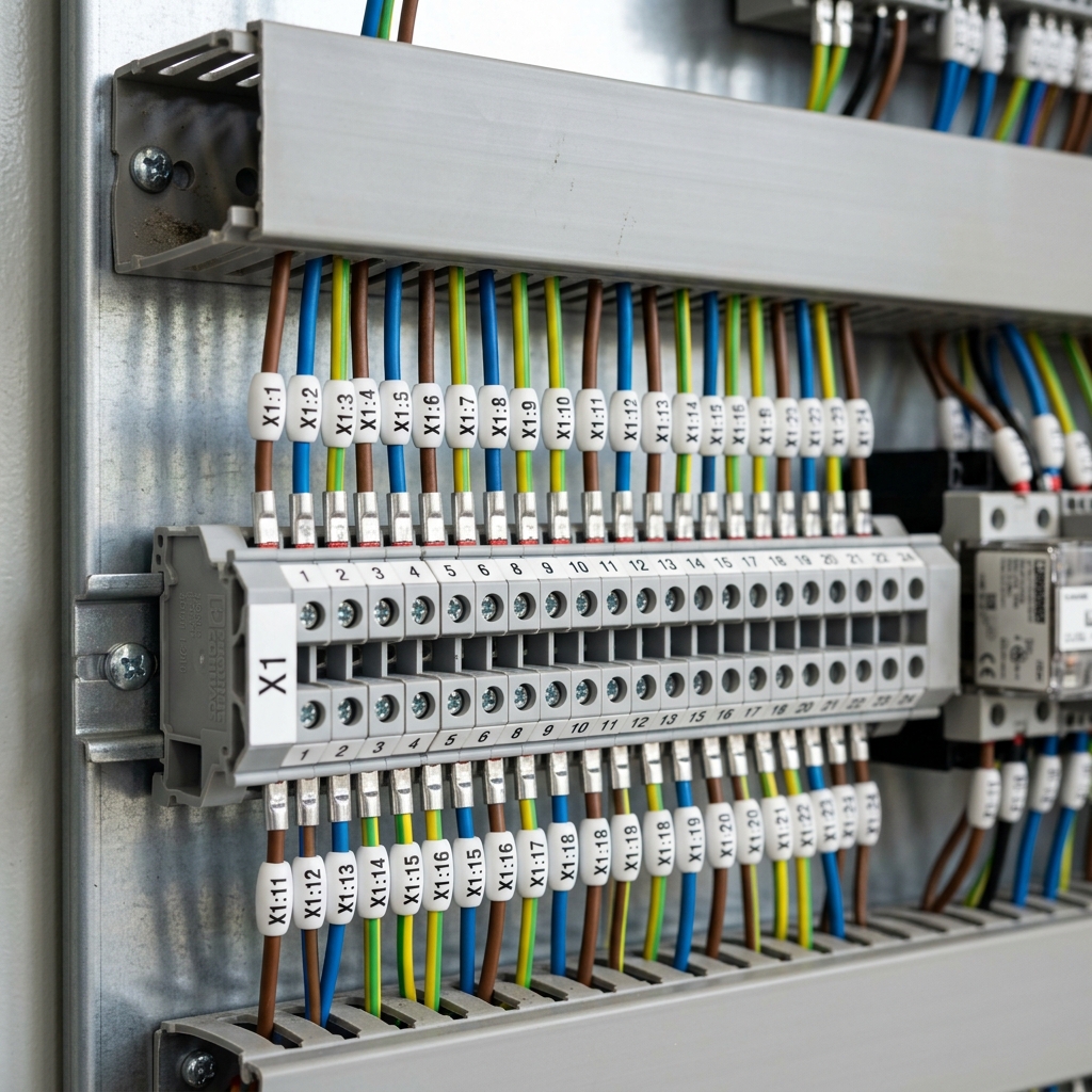 Primer plano fotorrealista de un regletero de bornas en un cuadro eléctrico, con cables crimpados, numerados y ordenados mediante canaletas ranuradas grises.