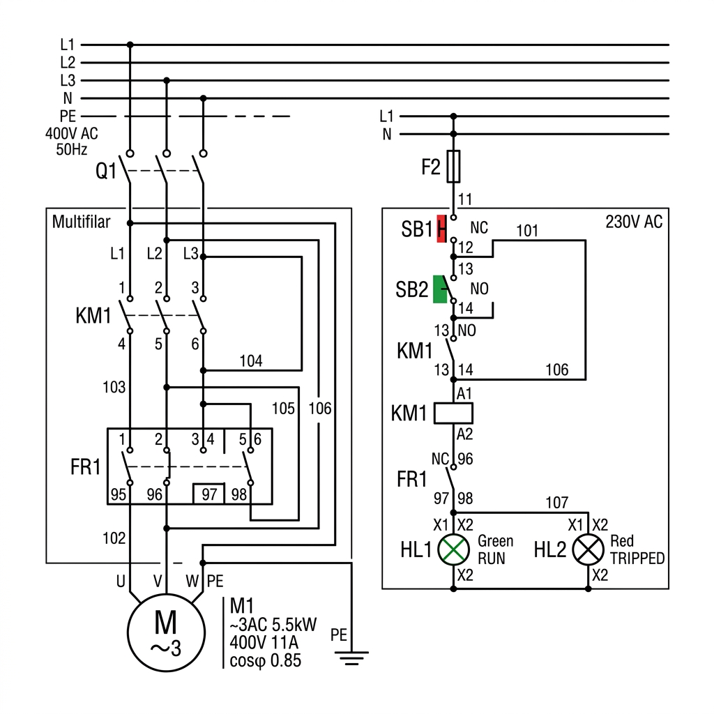 Esquema vectorial multifilar de arranque de motor trifásico, ilustrando contactor, relé térmico y simbología IEC 60617.