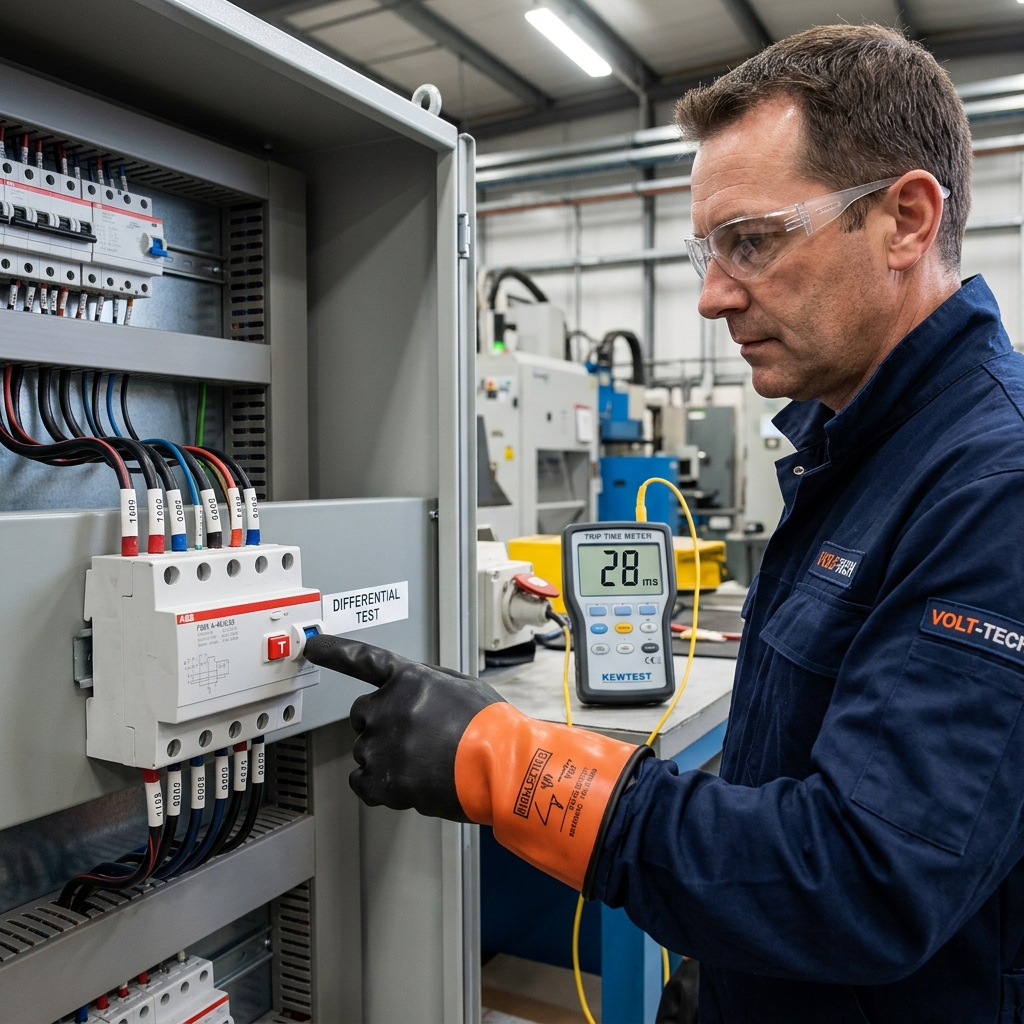 Fotografía hiperrealista de un operario eléctrico con guantes dieléctricos pulsando el botón Test de un diferencial, mientras un cronómetro de milisegundos marca 28 ms.