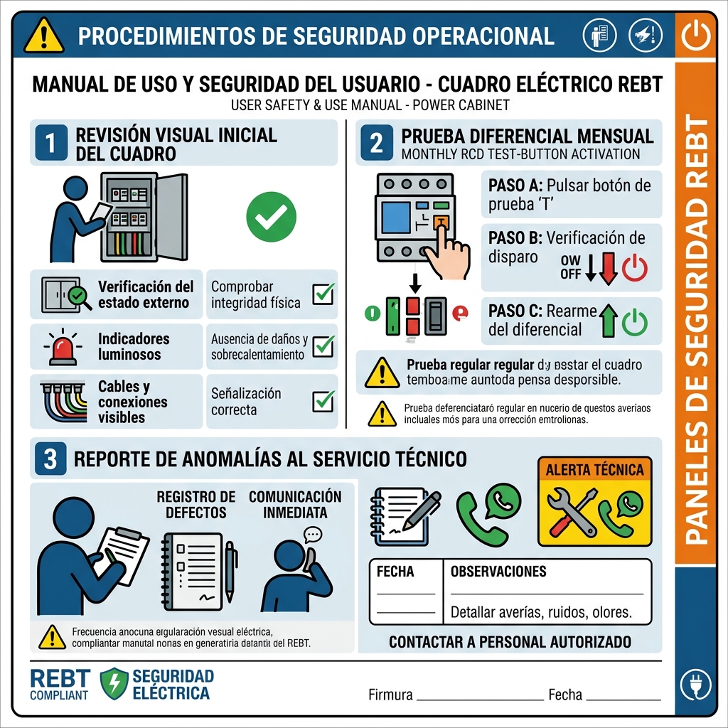 Diagrama vectorial de un manual de uso eléctrico, mostrando un checklist paso a paso: inspección visual, pulsado del botón test y reporte de anomalías.