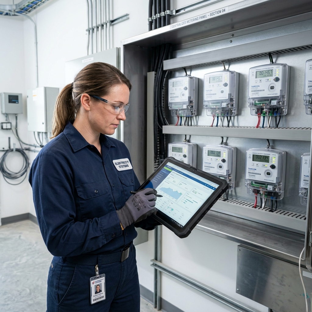 Técnico electricista consultando un expediente telemático de Industria en una tableta frente a una batería de contadores inteligentes centralizados.