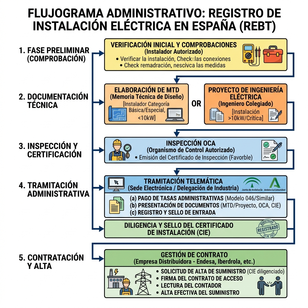 Flujograma vectorial que detalla la línea de tiempo administrativa: desde el diseño MTD, pasando por la OCA y la firma telemática, hasta la obtención del alta de suministro.