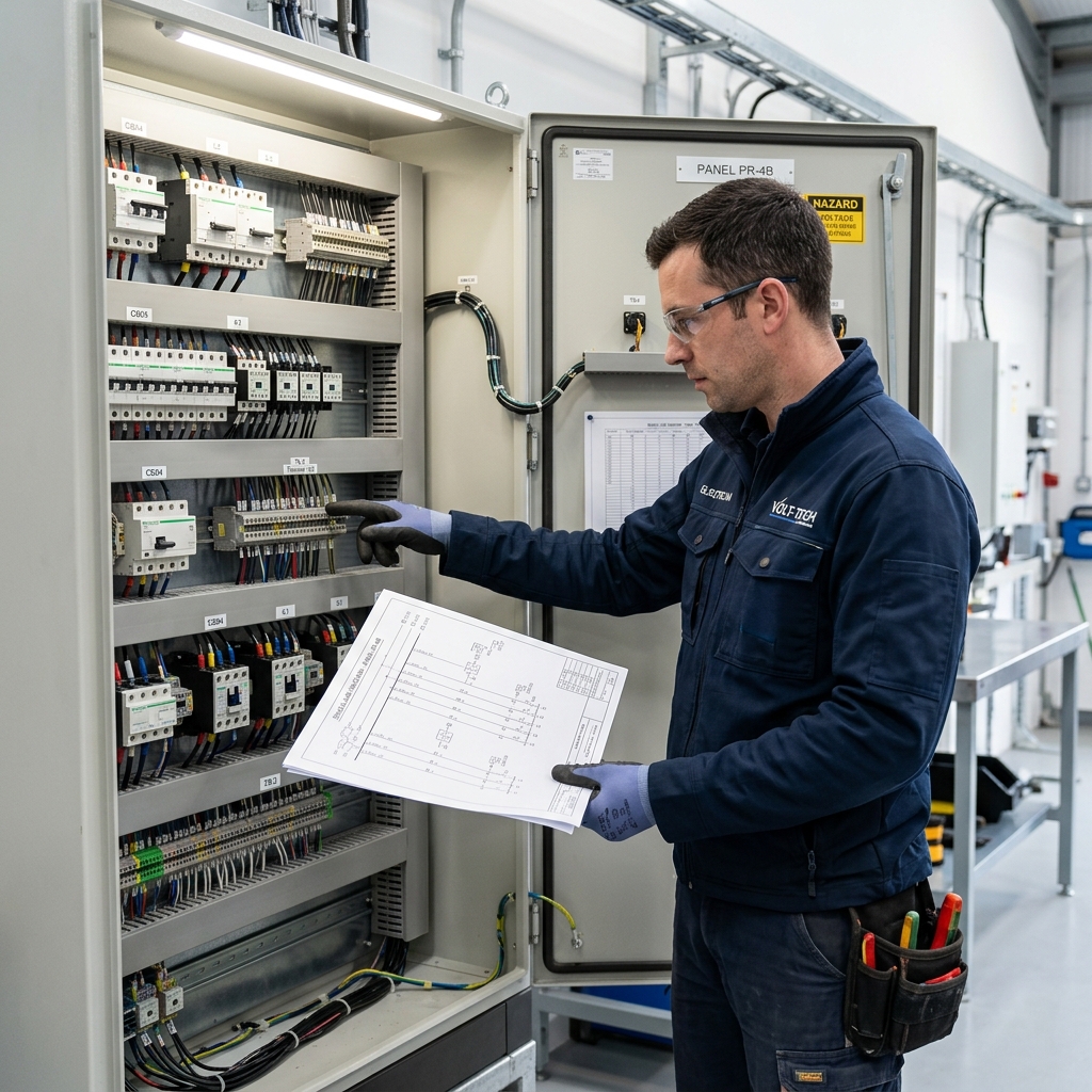 Técnico electromecánico revisando un esquema eléctrico impreso frente a un cuadro de control industrial abierto.