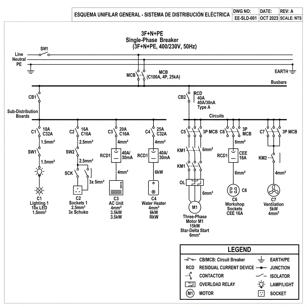 Diagrama técnico vectorial que ilustra un esquema unifilar eléctrico estándar con sus símbolos normativos.