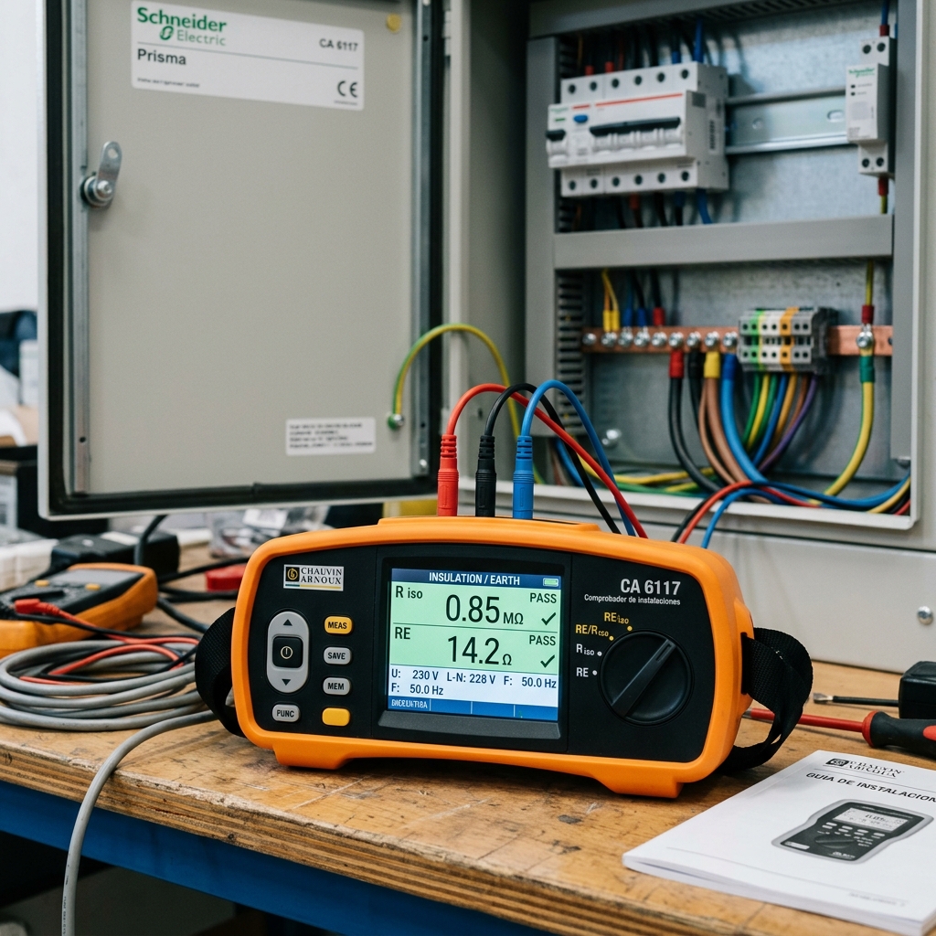 Comprobador de instalaciones digitales mostrando mediciones de aislamiento de 0.85 Megaohmios y tierra de 14.2 Ohmios con el indicador verde de PASS.