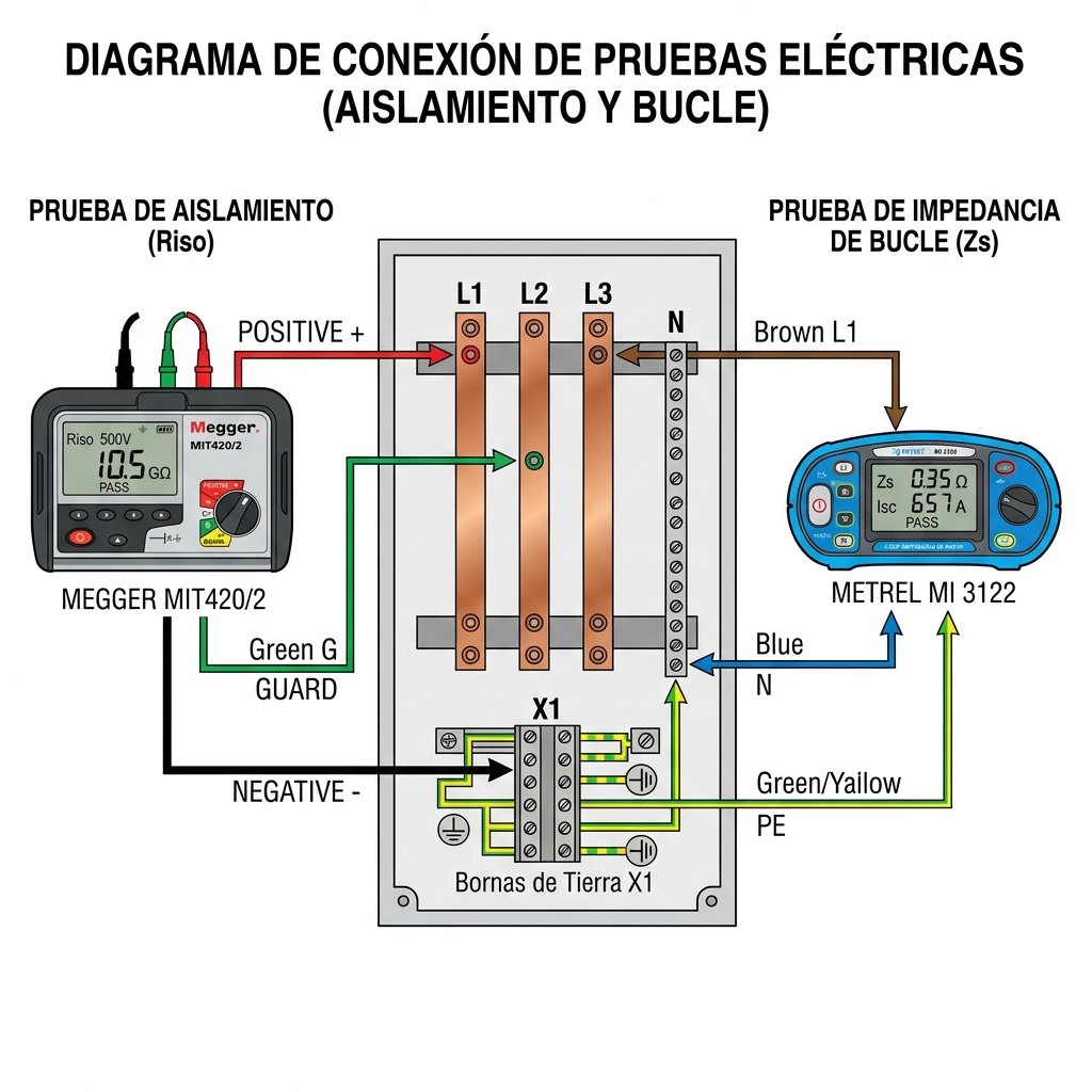 Diagrama vectorial técnico que muestra la conexión de un megóhmetro y un telurómetro sobre el embarrado trifásico y la regleta de tierra de un cuadro eléctrico.