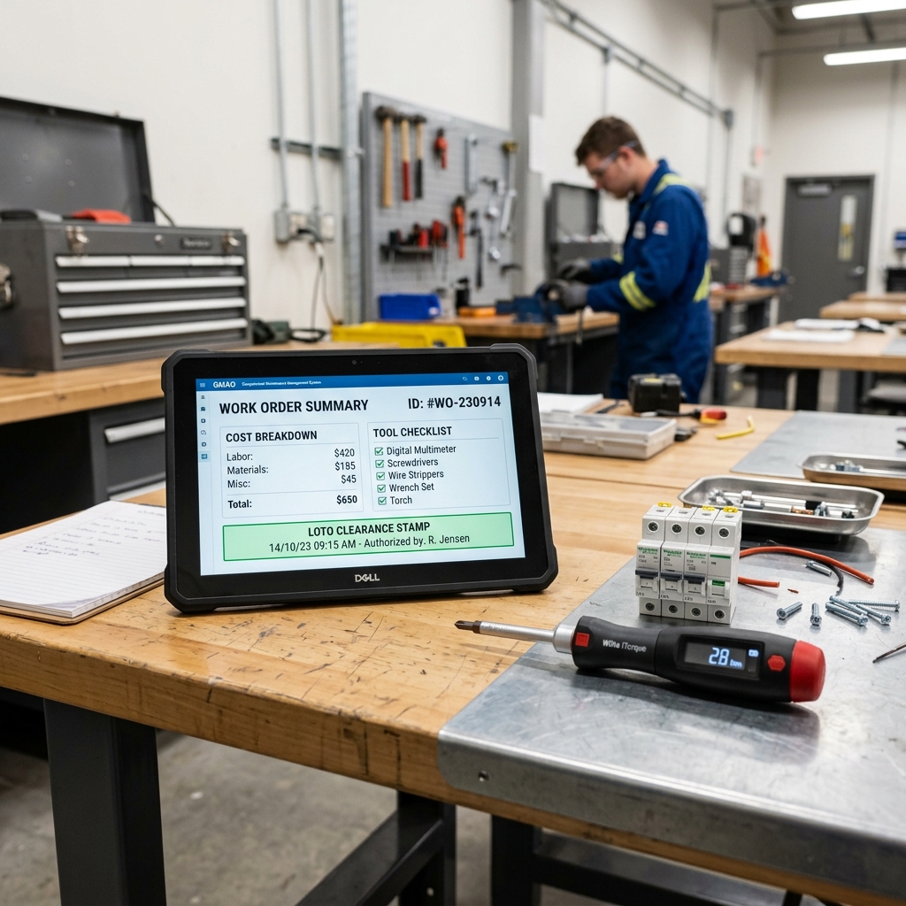Tablet con informe GMAO mostrando el desglose de costes, el sello LOTO y herramientas digitales de electricista sobre un banco de taller.